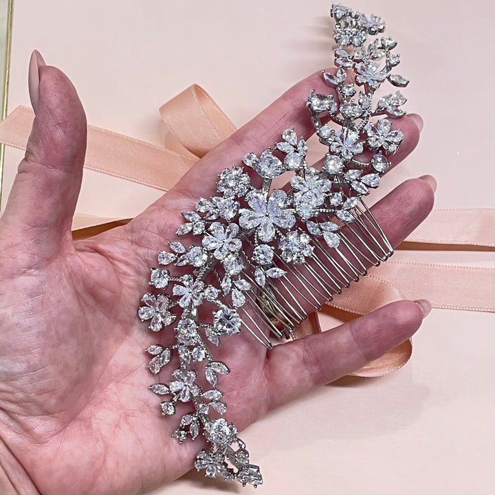 3-D silver long statement cubic zirconia comb