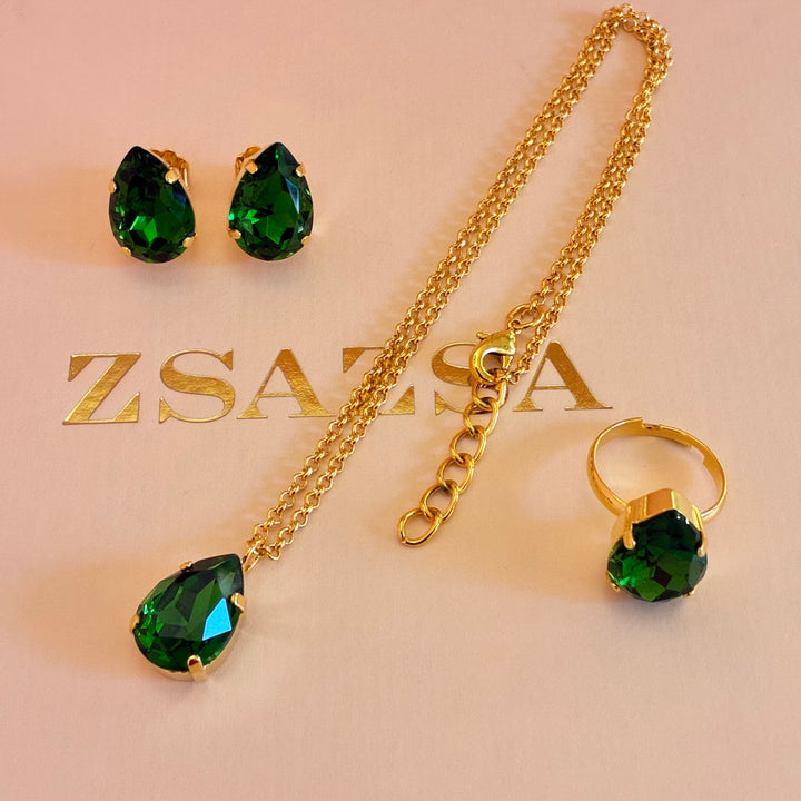 Teardrop green Preciosa crystals gold plated set