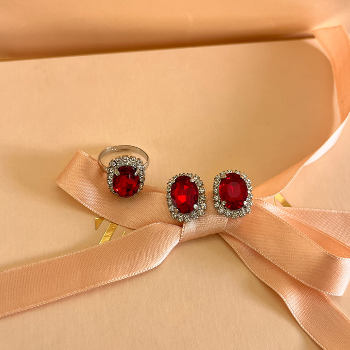 Red oval Preciosa crystals studs and ring