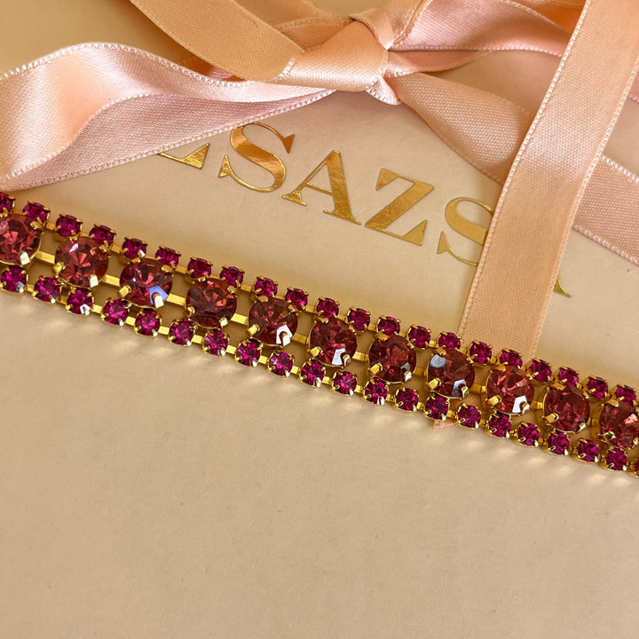 Fuchsia and magenta Swarovski crystals 3 rows bracelet