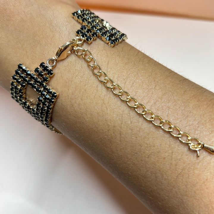 Black rhinestone squares gold bracelet