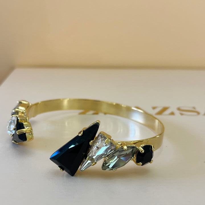 Black and grey preciosa crystals gold big bangle