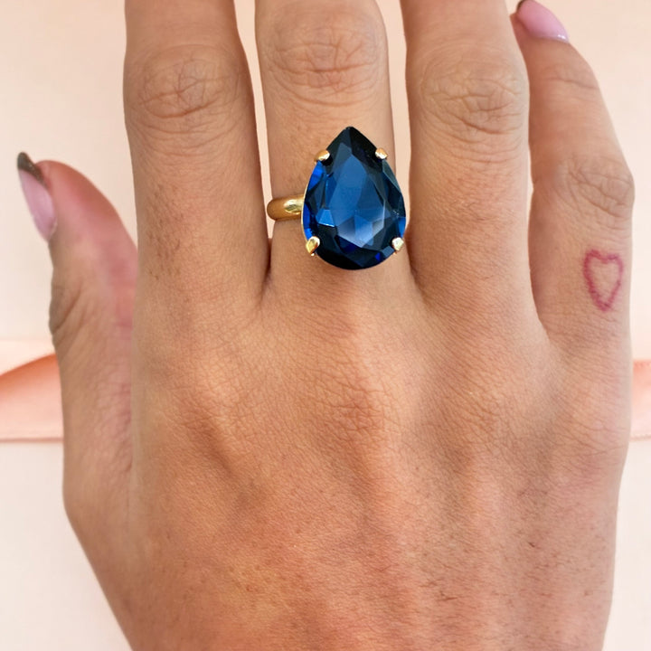 Navy blue teardrop preciosa crystals ring