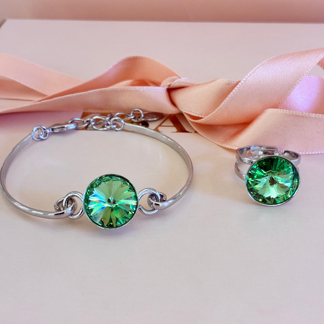 Green Swarovski crystals silver bracelet and ring