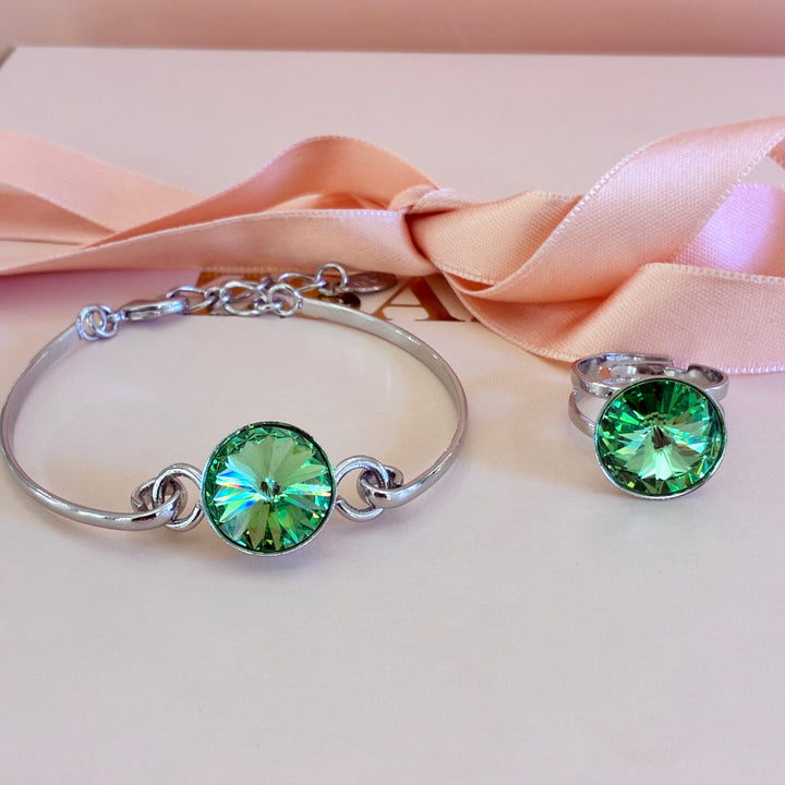 Green Swarovski crystals silver bracelet and ring