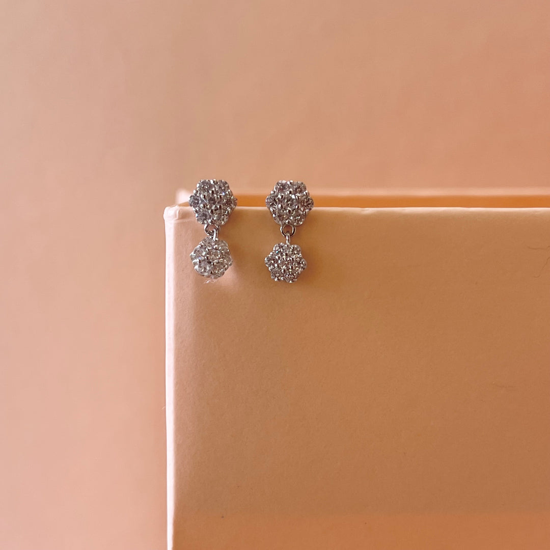 Silver zircone double flower earrings