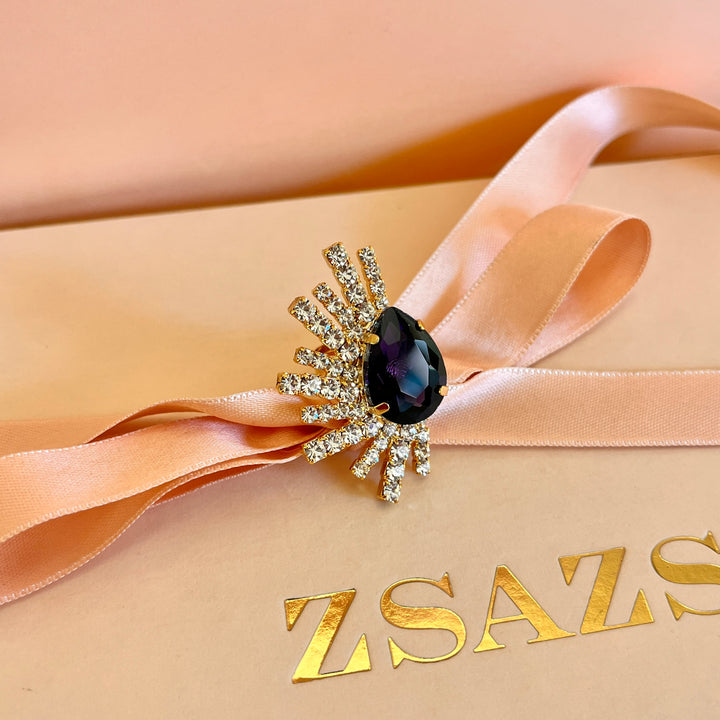 Purple rectangular preciosa crystals studs and ring