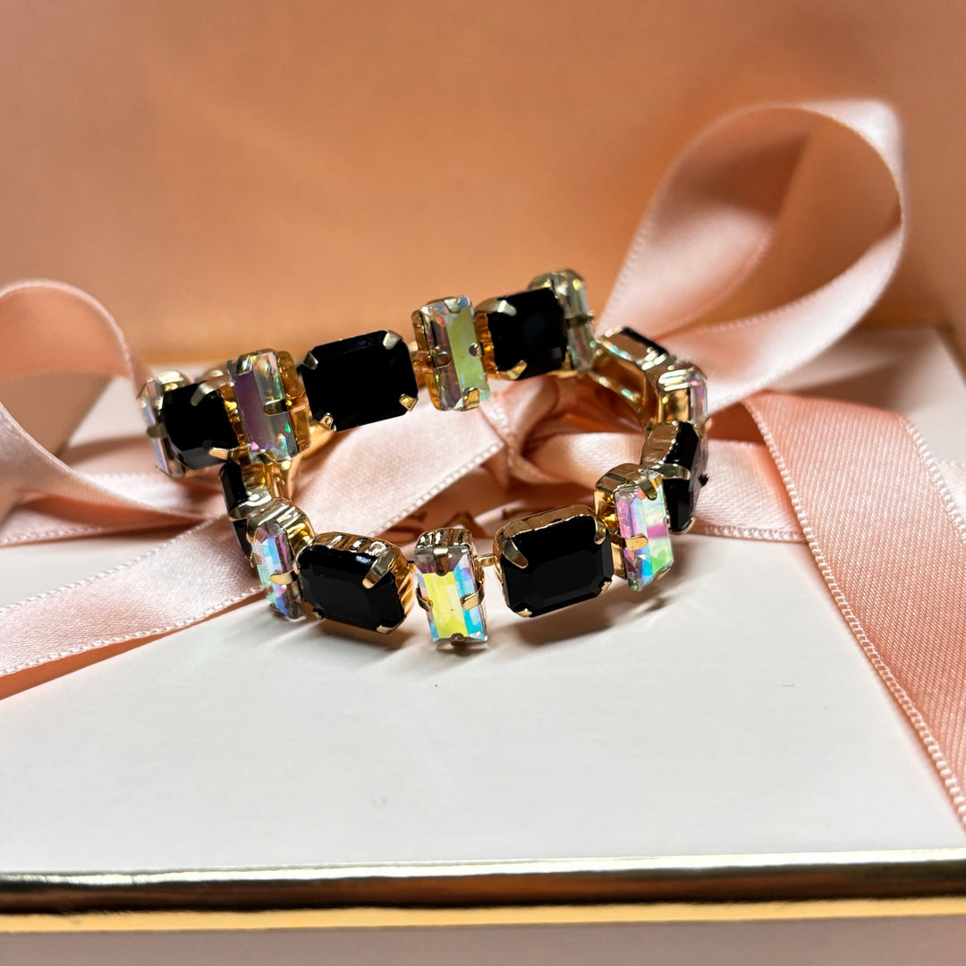 Black and aruora borealis rhinestone gold hoops