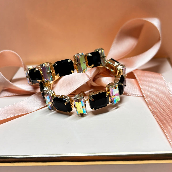 Black and aruora borealis rhinestone gold hoops