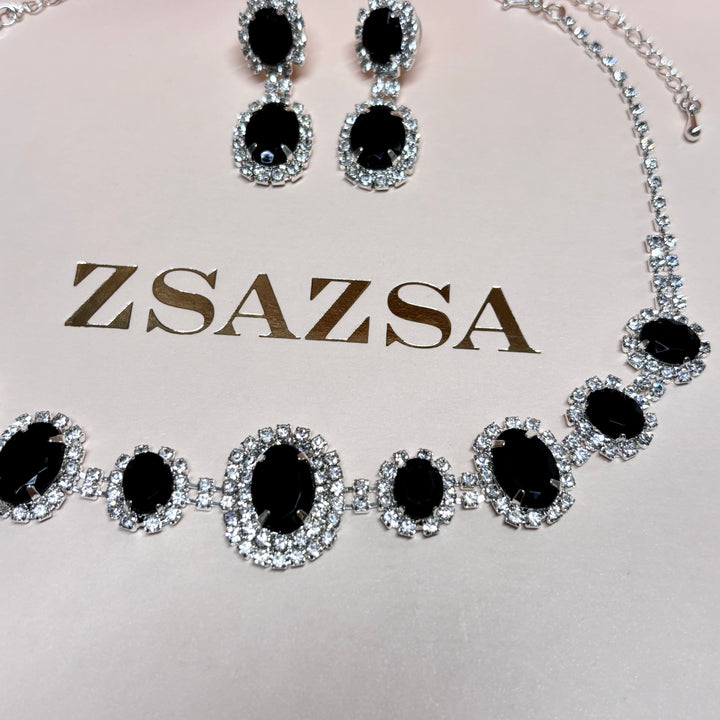 Oval Black rhinestone silver set