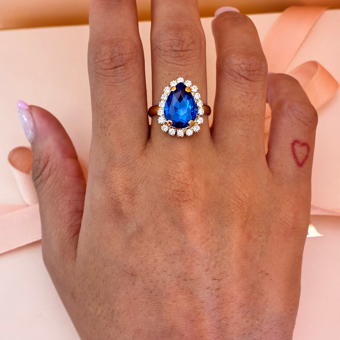 Teardrop royal blue gold plated ring