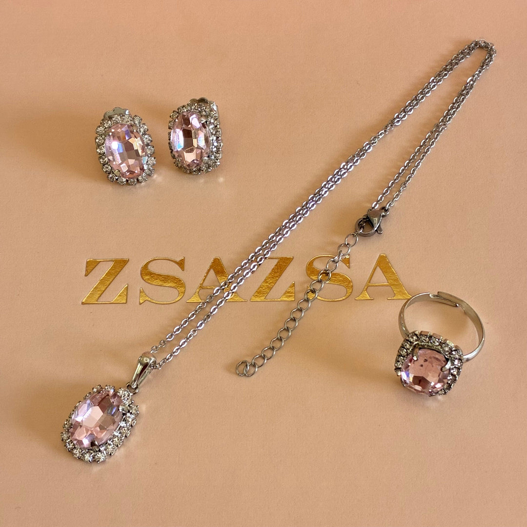 Oval light pink Preciosa crystals silver pendant set