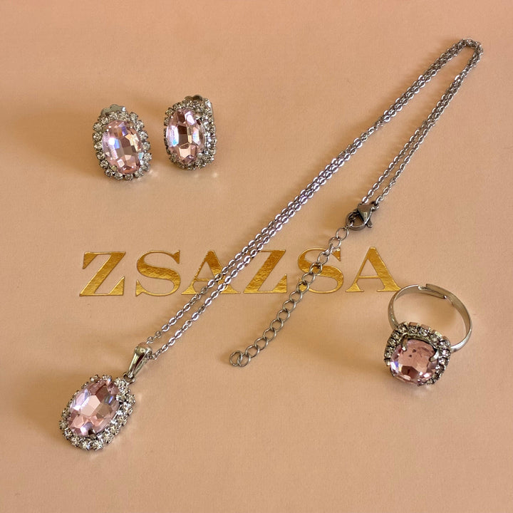 Oval light pink Preciosa crystals silver pendant set