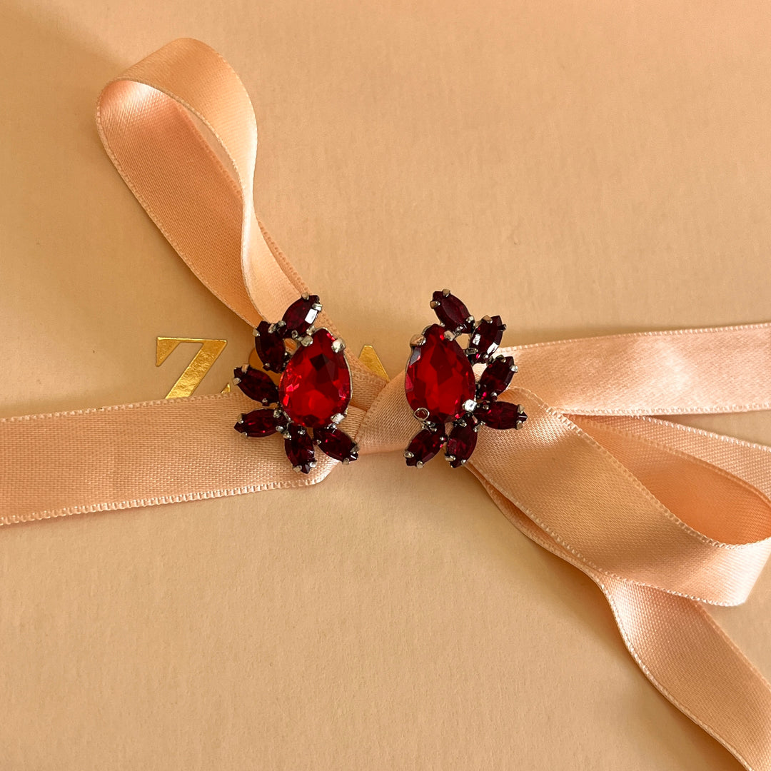 Red teardrop Preciosa crystals studs and ring