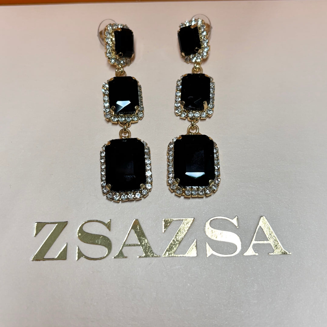 Rectangular black rhinestone gold earrings