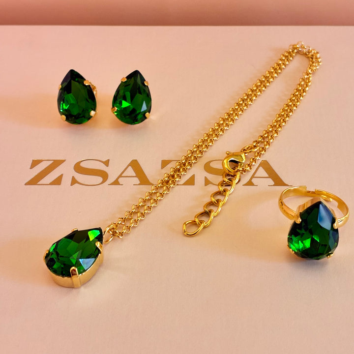 Teardrop green Preciosa crystals gold plated set