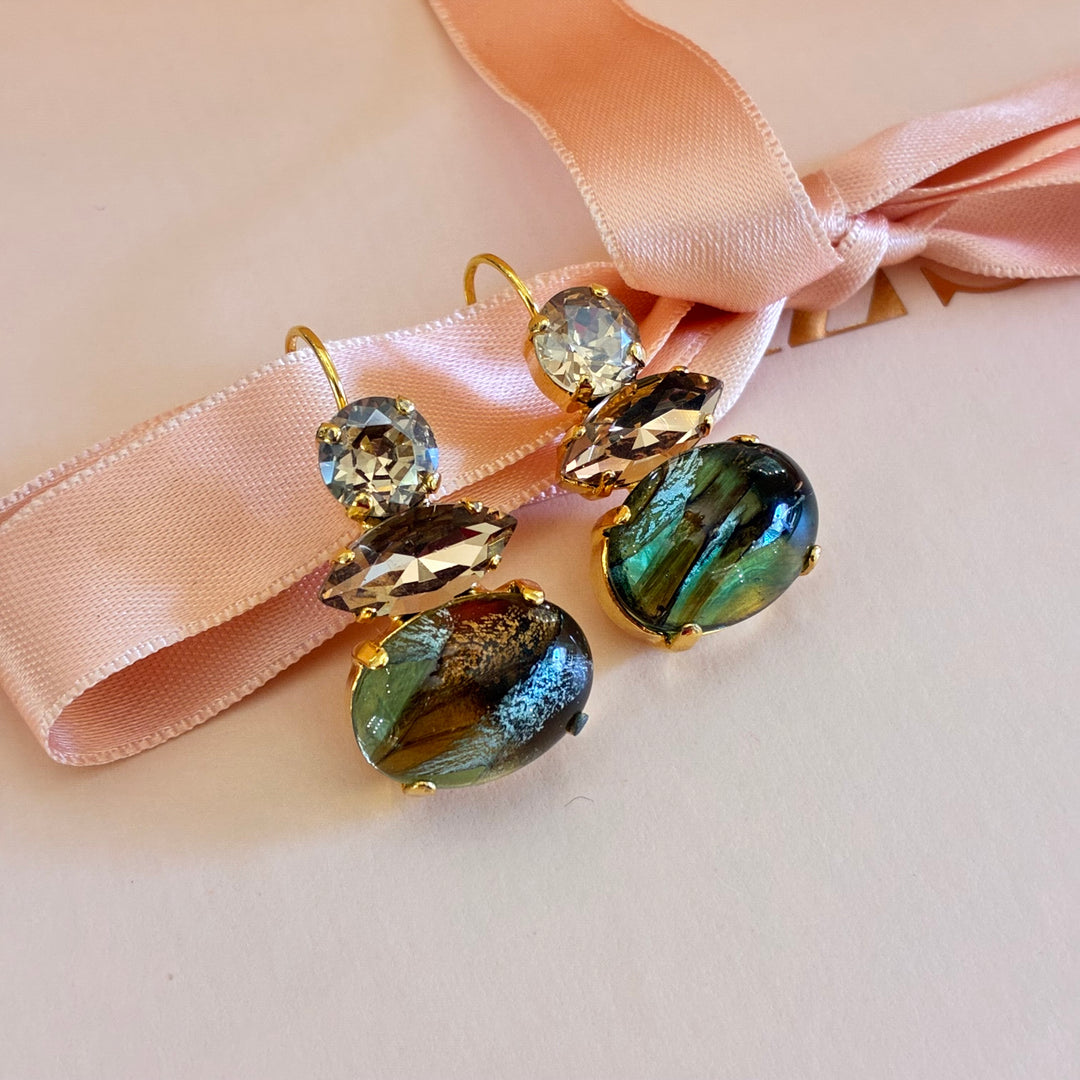 Bronze Hook Earrings with Swarovski Crystals & Iridescent Stone