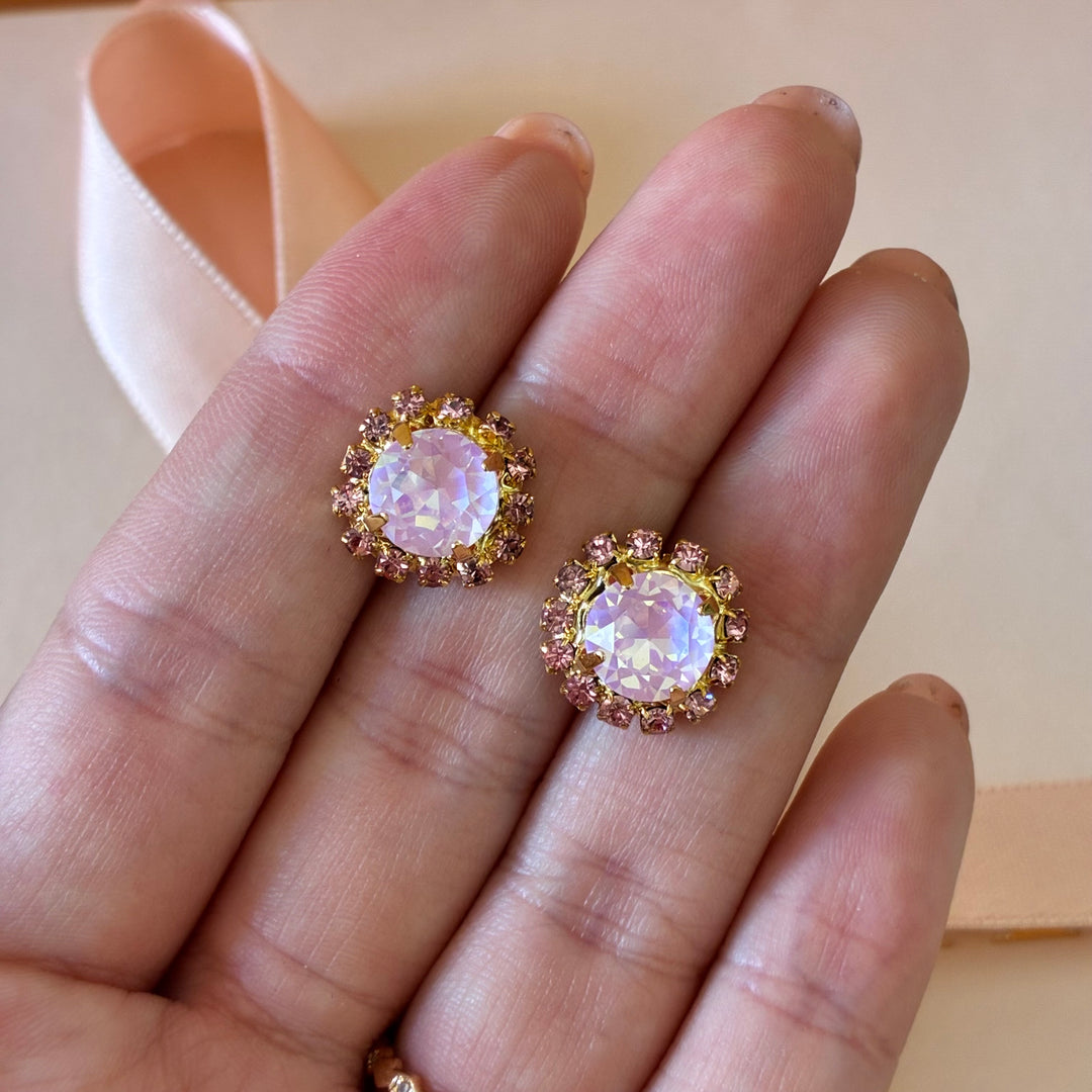 Pink Swarovski crystals gold plated studs