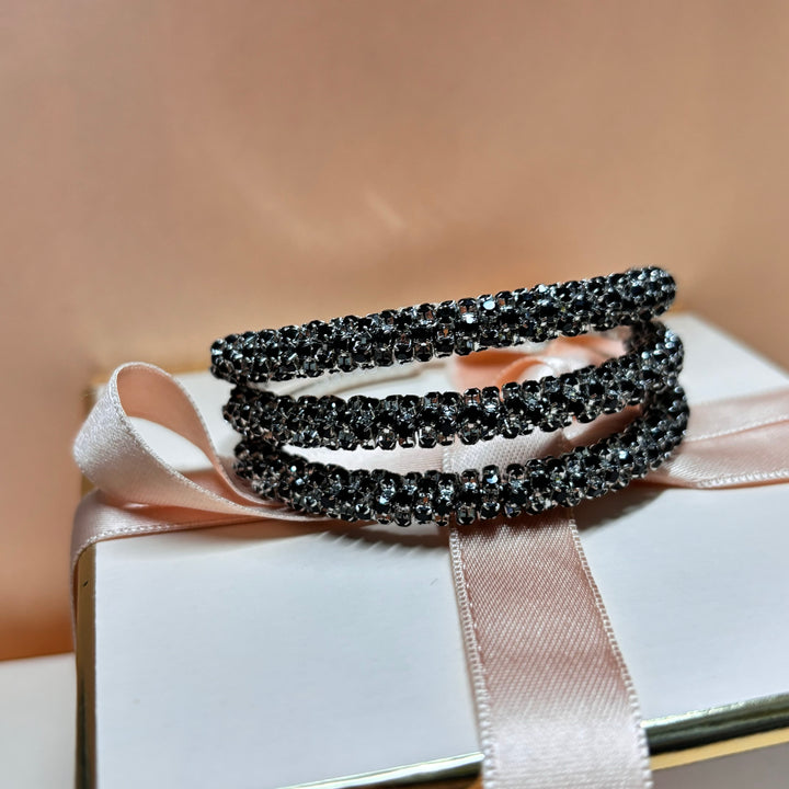 3 rows black rhinestone silver bangle