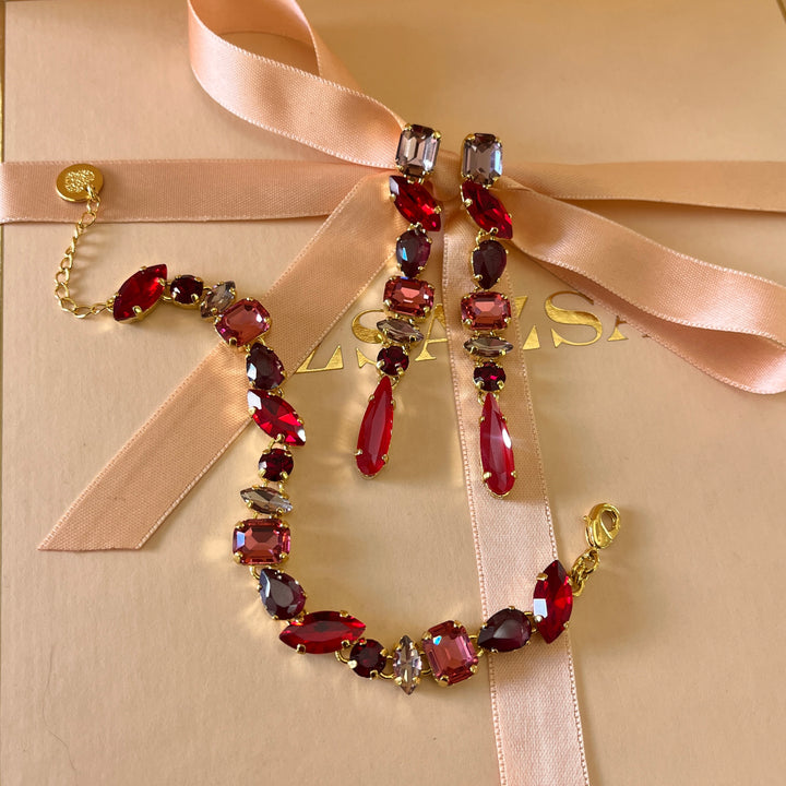Shade of red Swarovski crystals earrings and bracelet