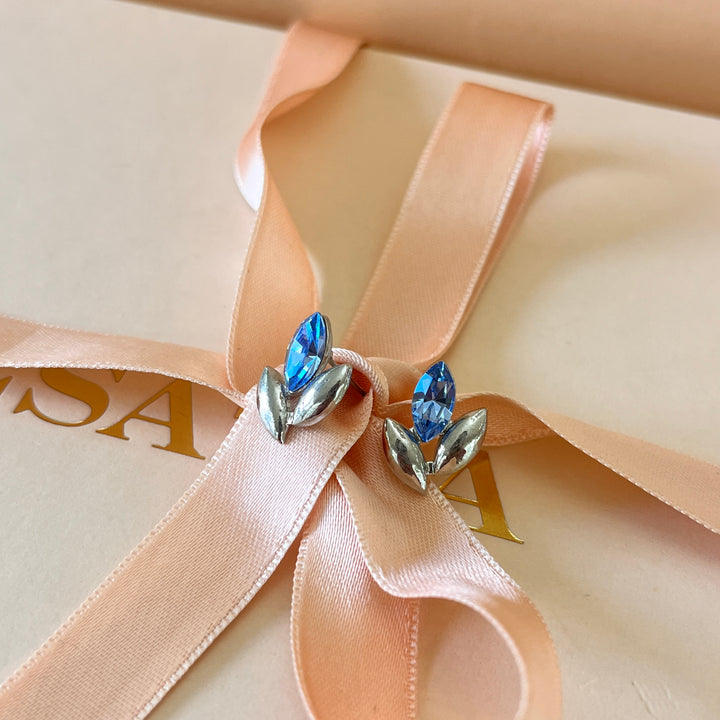 Light blue Swarovski crystals leafs studs