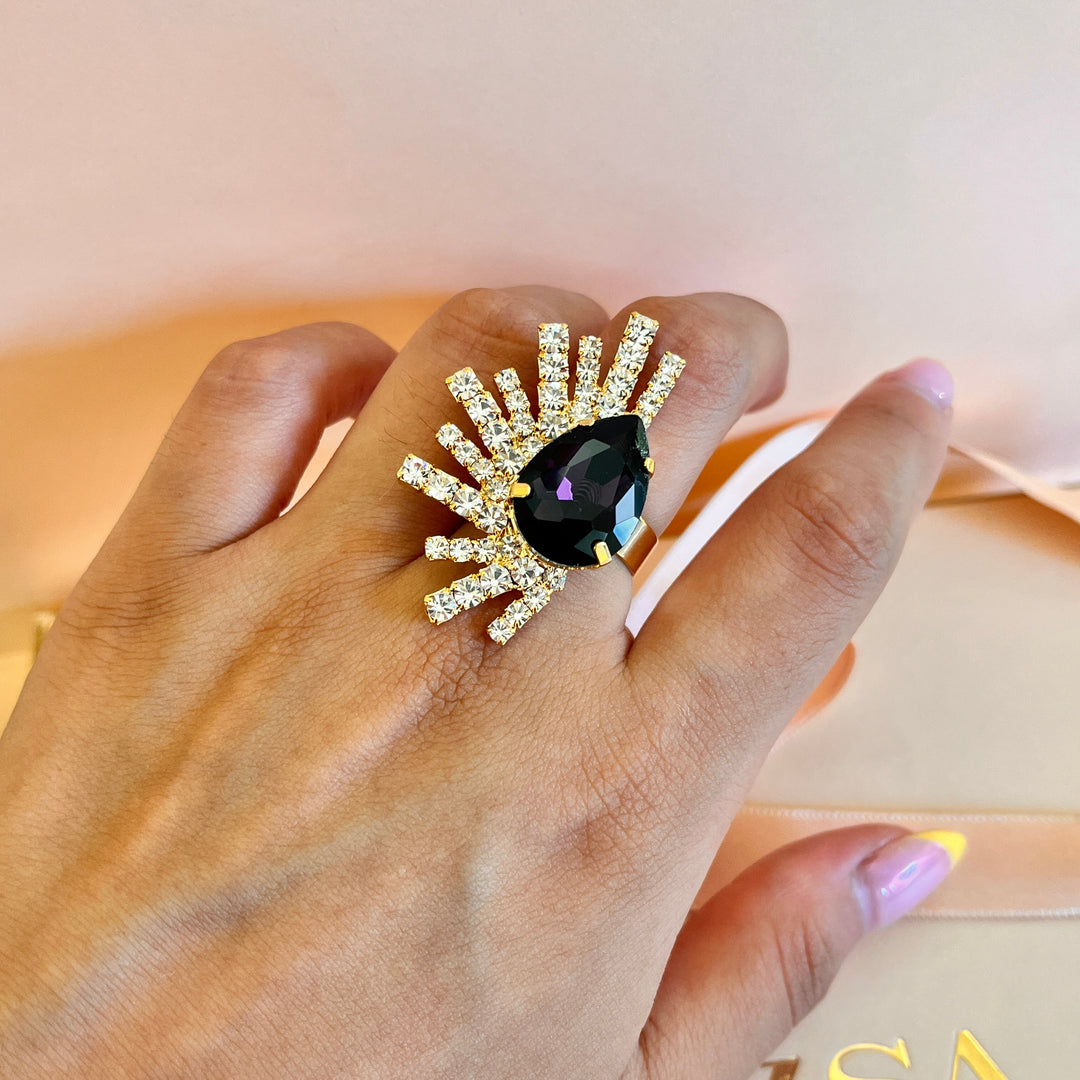 Purple rectangular preciosa crystals studs and ring