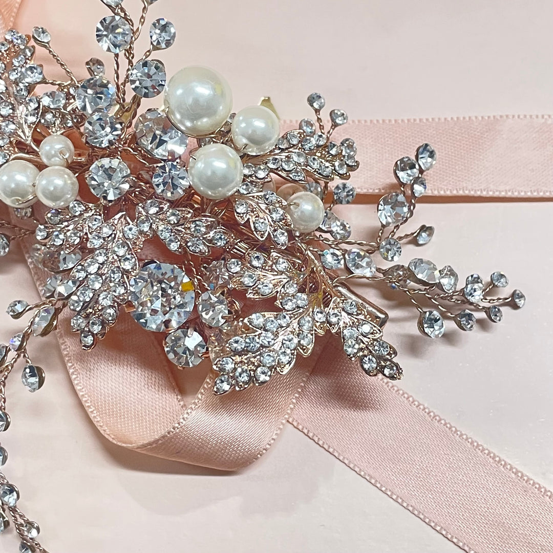 Rose gold leaves and pearls comb