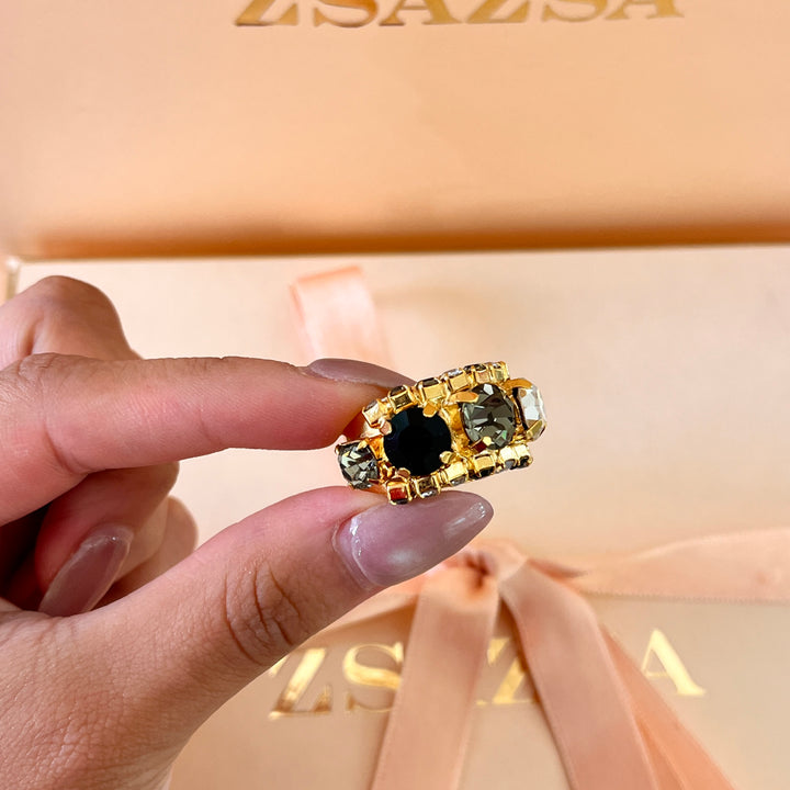 Grey and black preciosa crystals open band gold plated ring