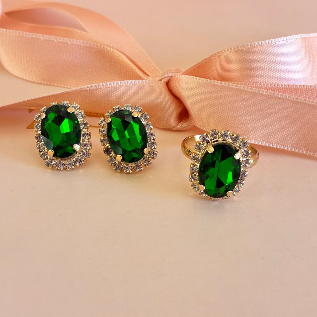 Green oval Preciosa crystals gold plated set