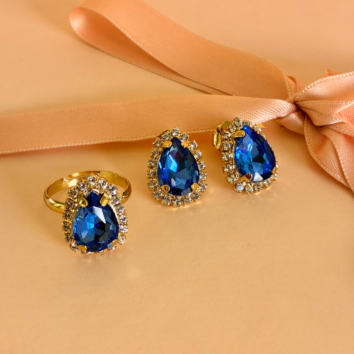 Royal blue teardrop Preciosa crystals gold plated set