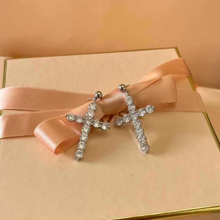 Silver zircone cross earrings