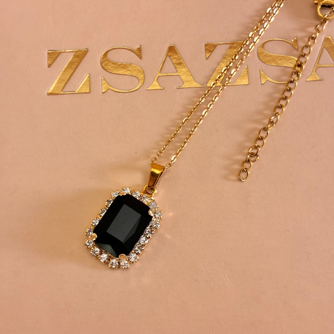 Rectangular Black Preciosa Crystals gold plated pendant set