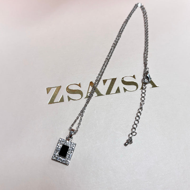 Dainty rectangular black rhinestone silver pendant