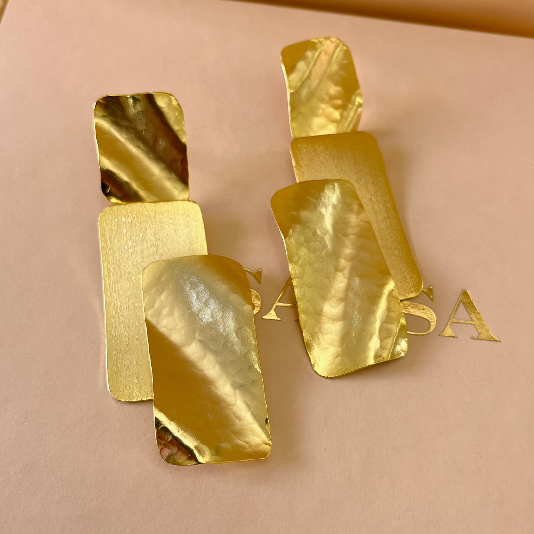 Gold rectangular handmade earrings