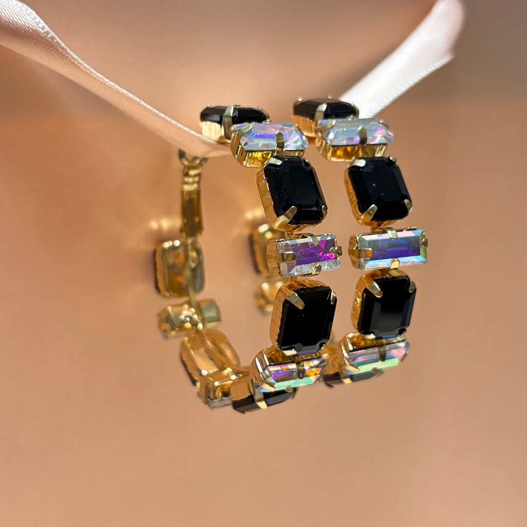 Black and aruora borealis rhinestone gold hoops