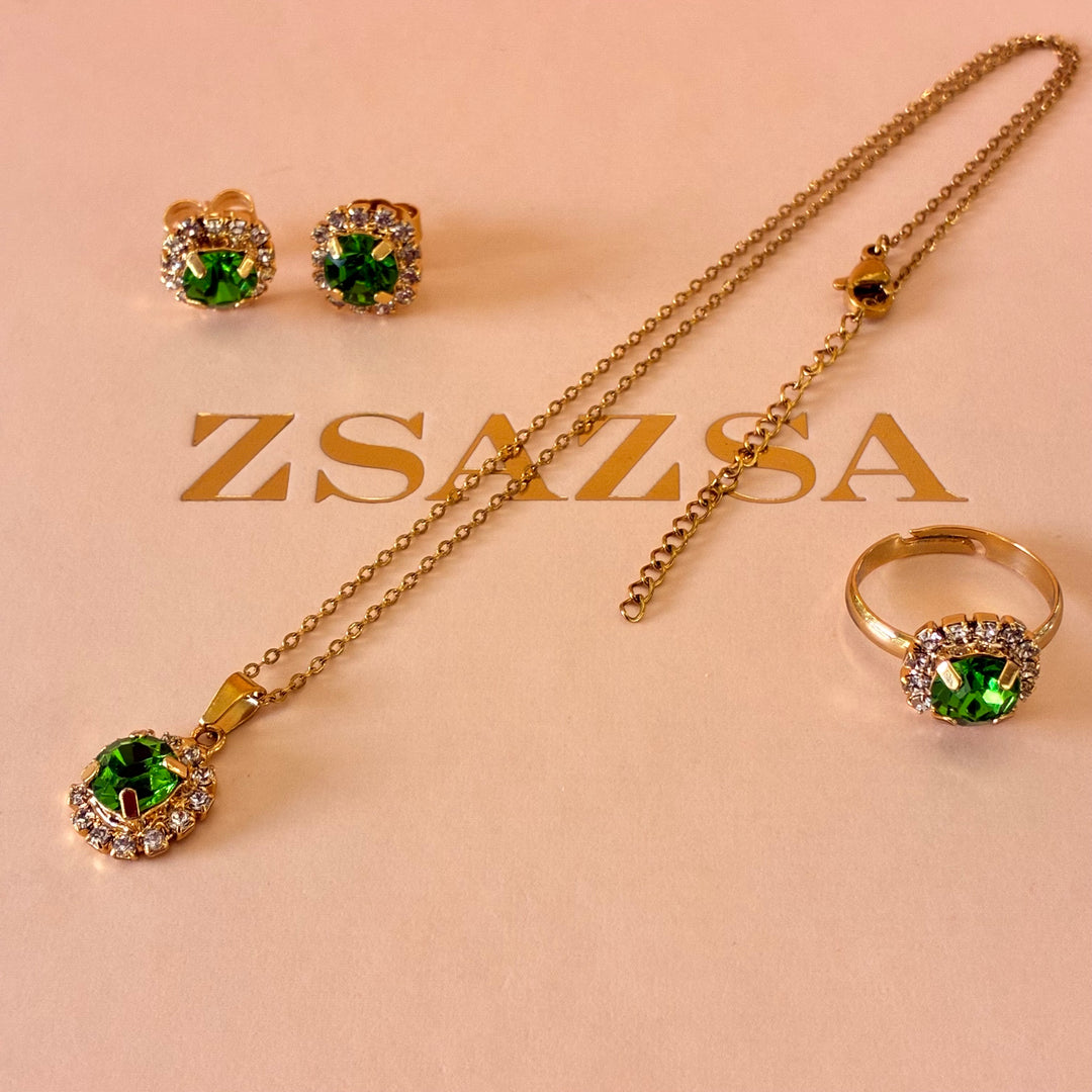 Dainty green Preciosa crystals gold plated set
