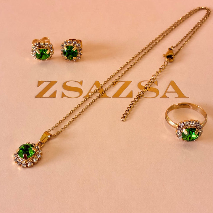 Dainty green Preciosa crystals gold plated set