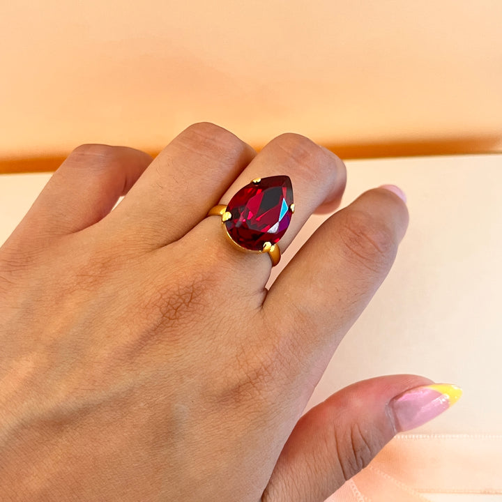 Dark Red teardrop preciosa crystal ring