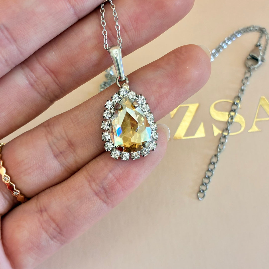 Teardrop Champagne Preciosa crystals silver set