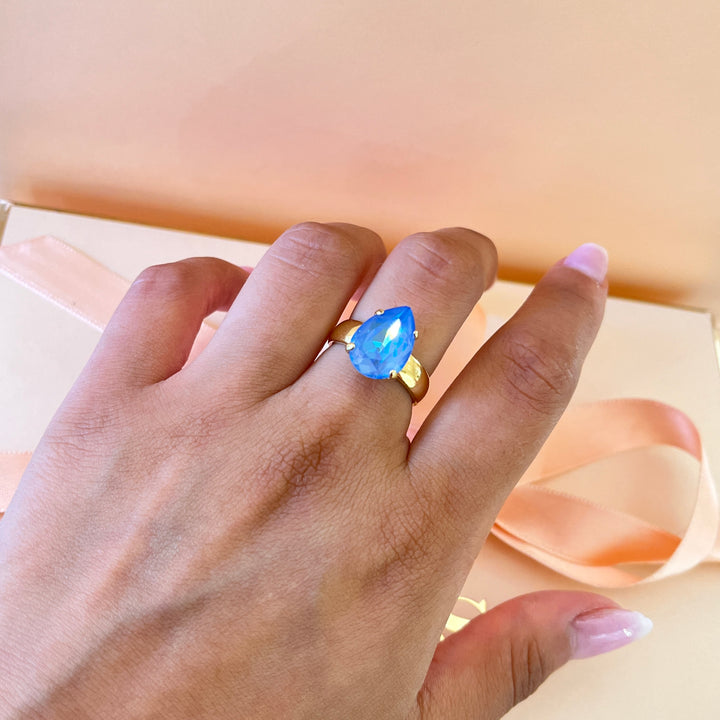 Light blue teardrop Swarovski crystal ring