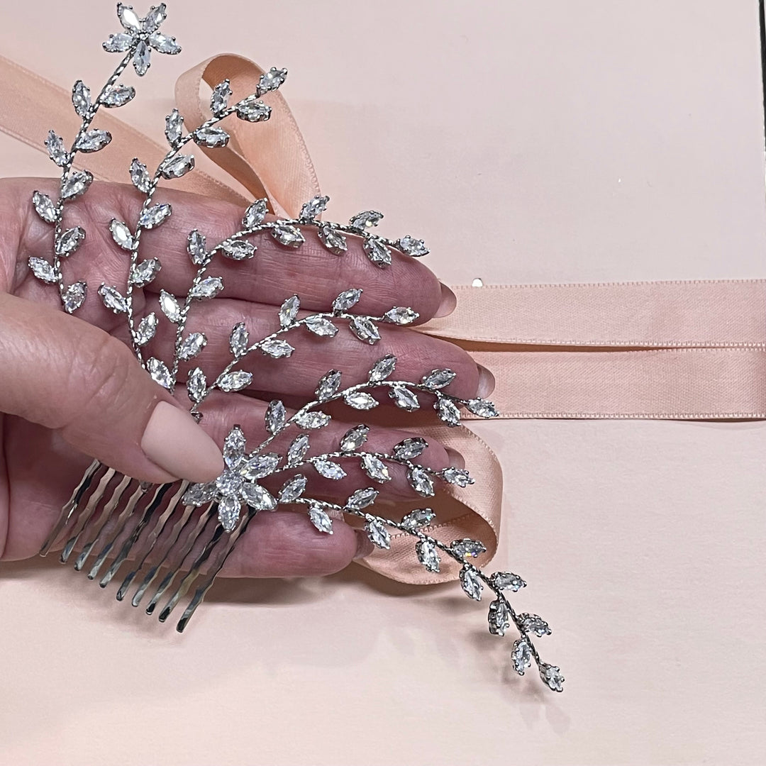 Silver Large flower detail cubic zircone hair comb