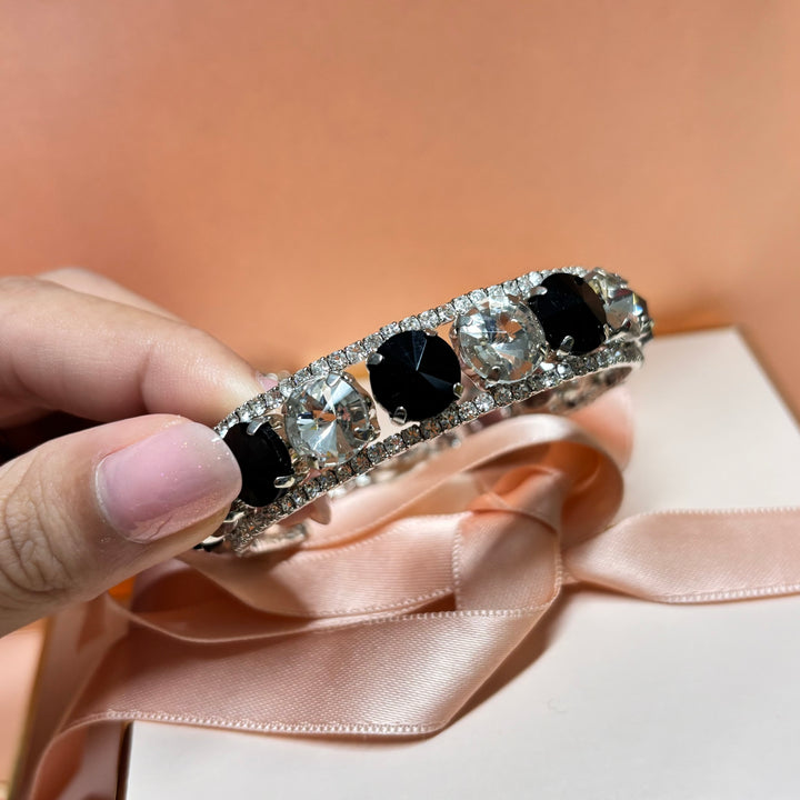 Black rhinestone silver bangle