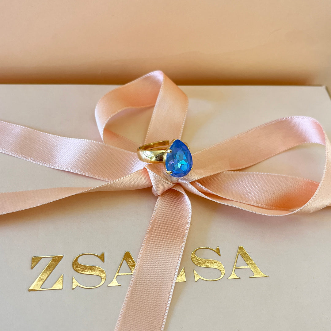 Light blue teardrop Swarovski crystal ring