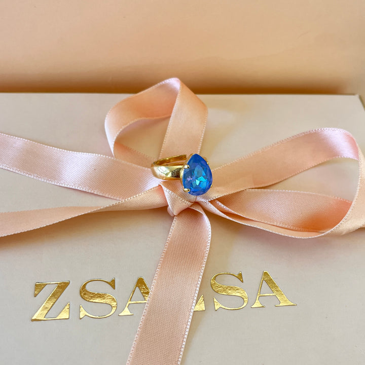 Light blue teardrop Swarovski crystal ring