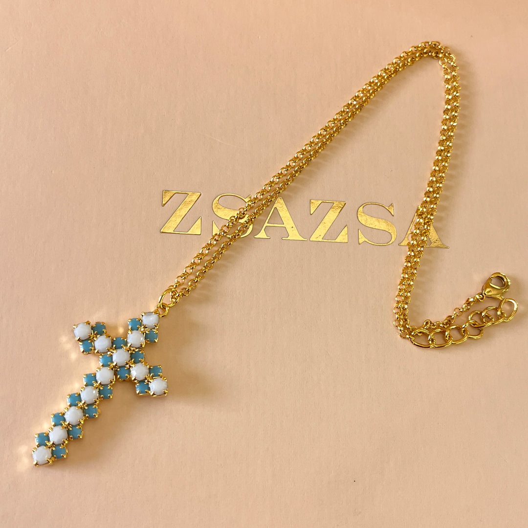 Turquoise & white Swarovski crystals necklace