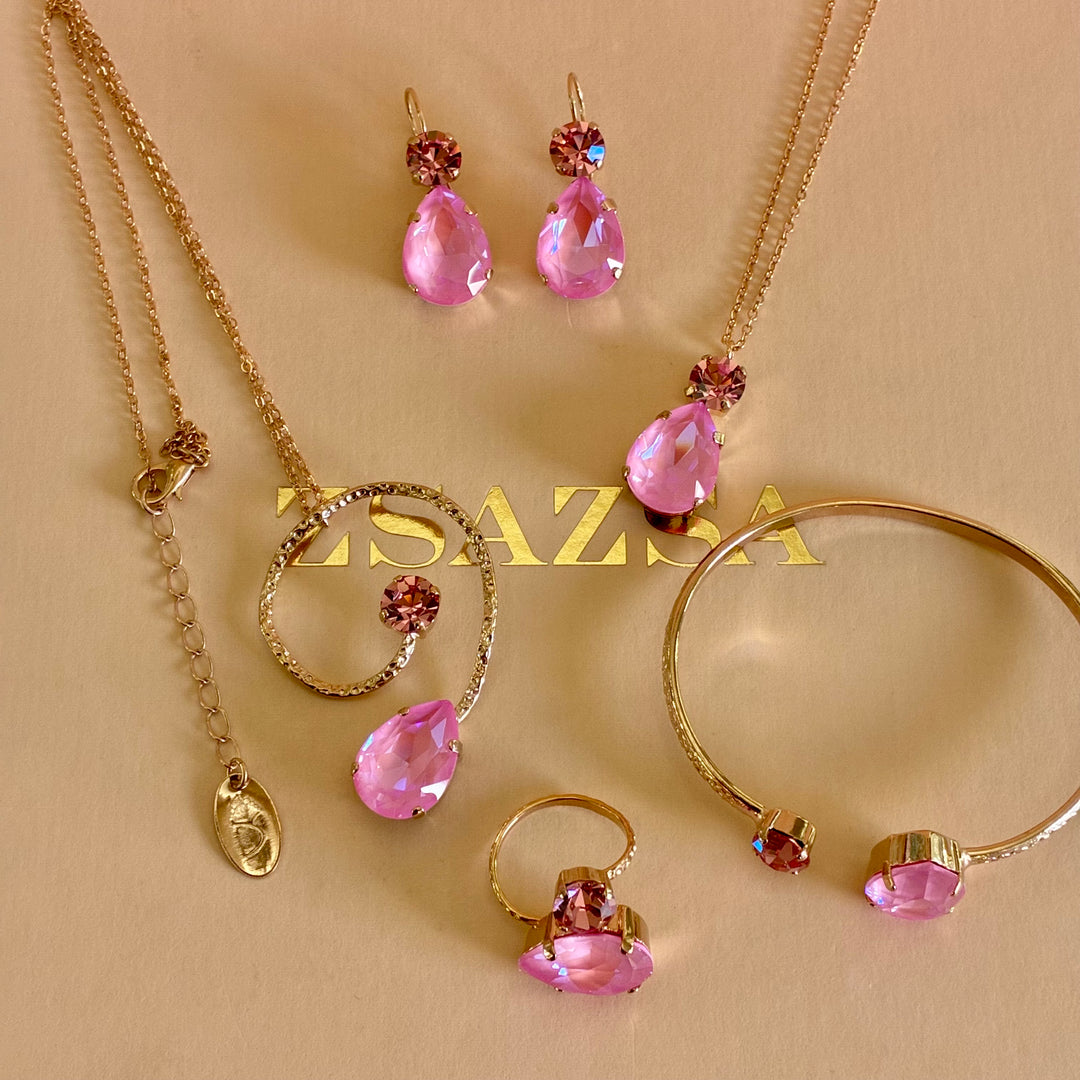 Handmade teardrop Pink Swarovski crystals rose gold set