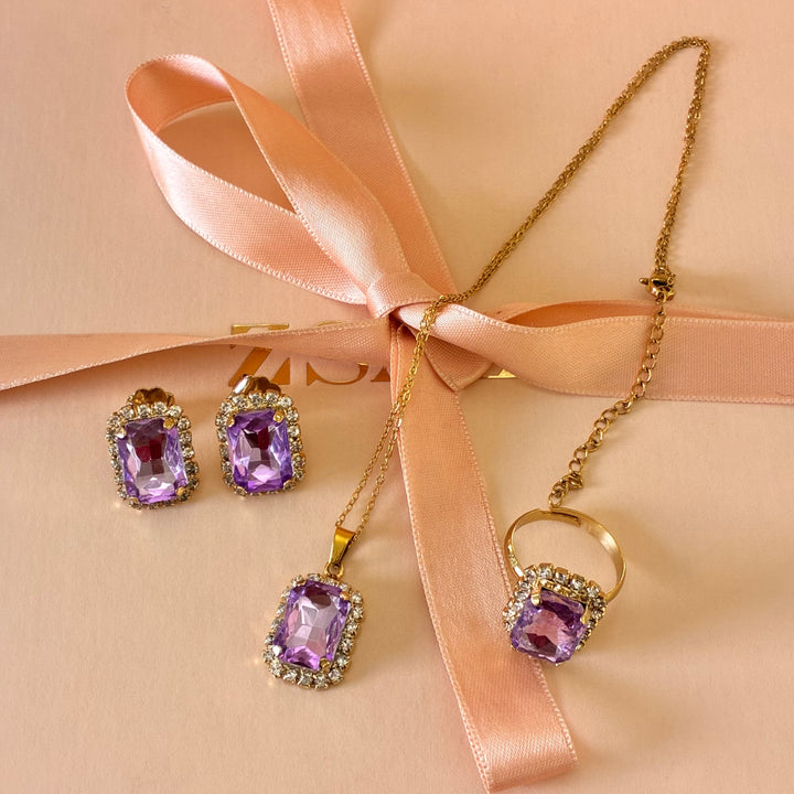 Rectangular lilac Preciosa Crystals gold plated pendant set