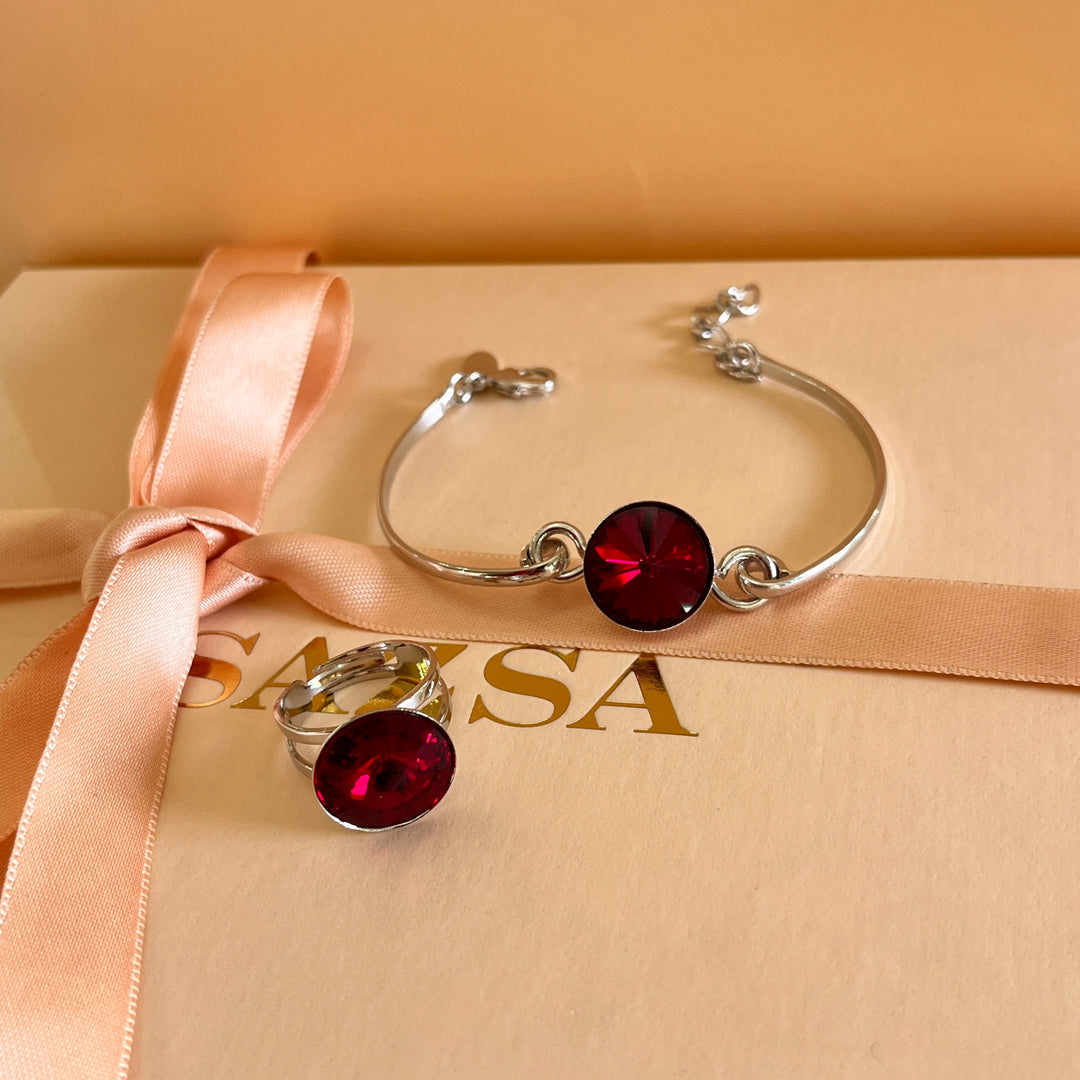 Dark red Swarovski crystals bracelet and ring