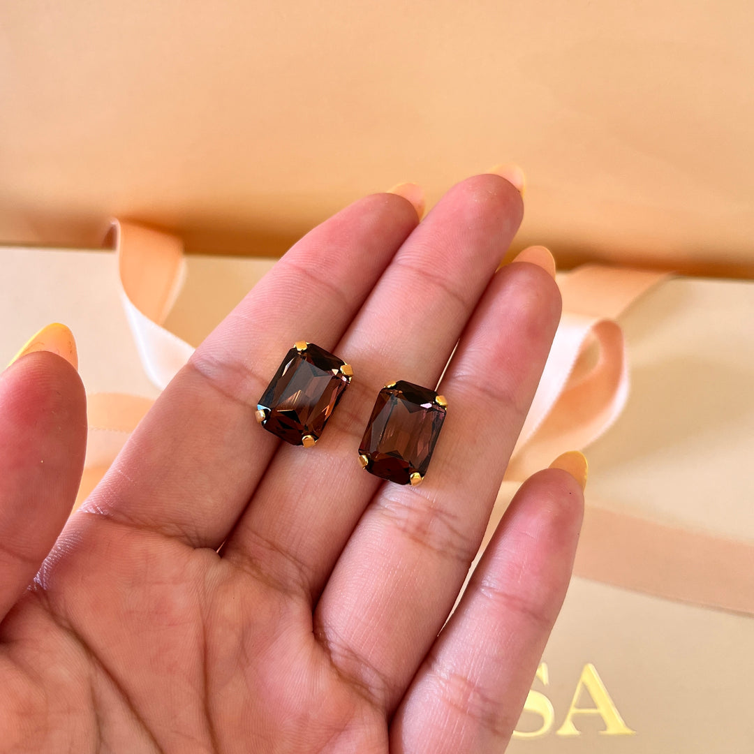 Purple rectangular preciosa crystals studs and ring