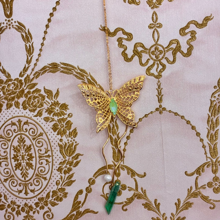 Handmade butterfly green Swarovski long necklace